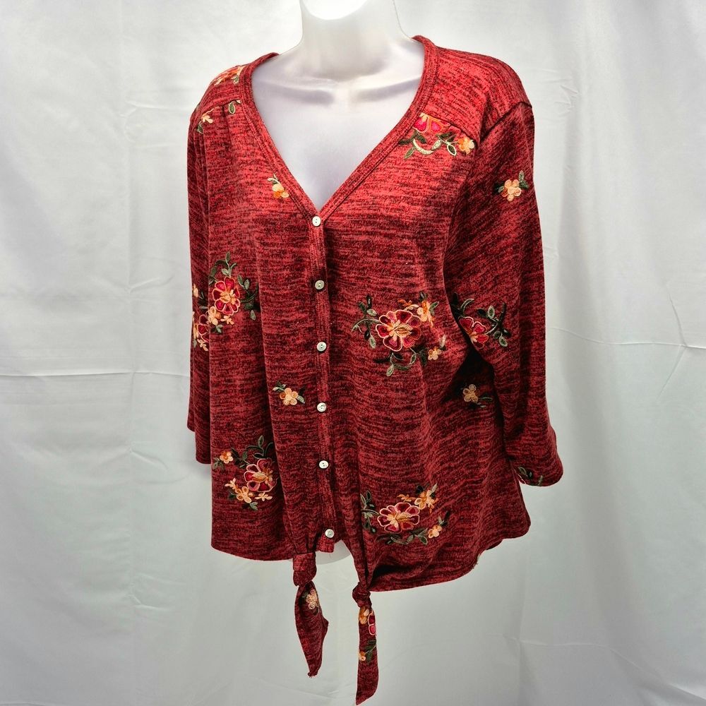 NWOT Fig & Flower Burgundy Floral Embroidered Tie-Front Knit Cardigan Blouse 2X